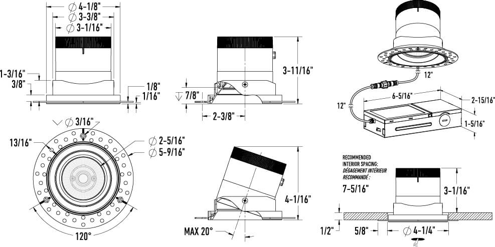 4in light module and universal driver-20/35/60 Degree Lens-Slope Ceiling (AZ, BK,WH,GD) W/Trim (BK,WH,GD)