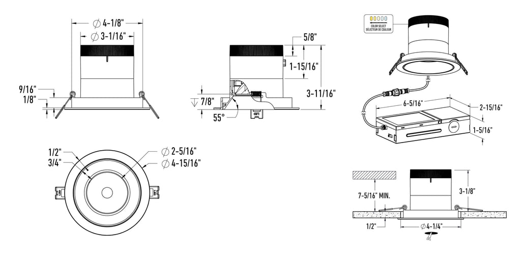 4in light module and universal driver-20/35/60 Degree Lens-Regular Ceiling (AZ, BK,WH,GD) Trimless