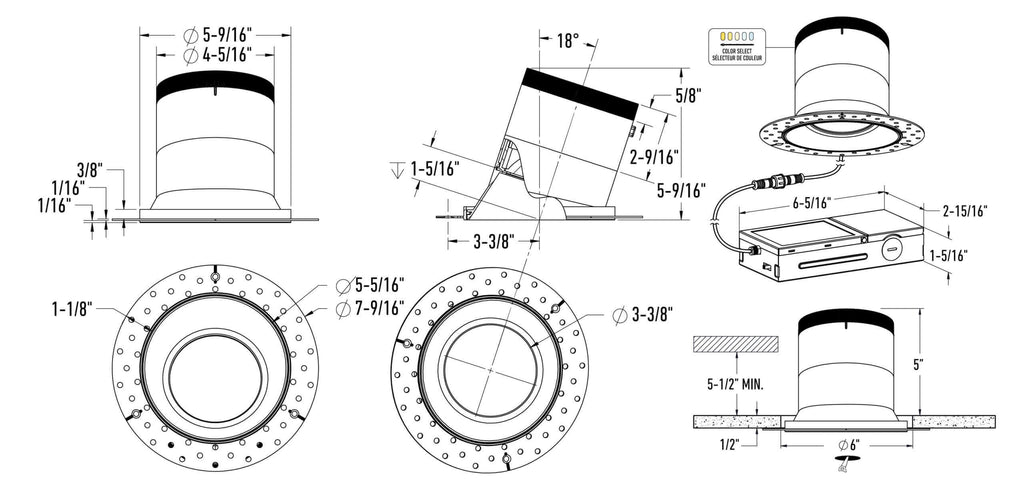 6in light module and universal driver-20/35/60 Degree Lens-Gimbal(AZ, BK,WH,GD) W/Trim (BK,WH,GD)