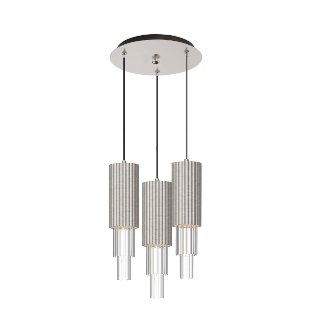 Bordeaux 4-in 3 Head Multi Pendant — Brushed Nickel/Clear Ribbed Glass