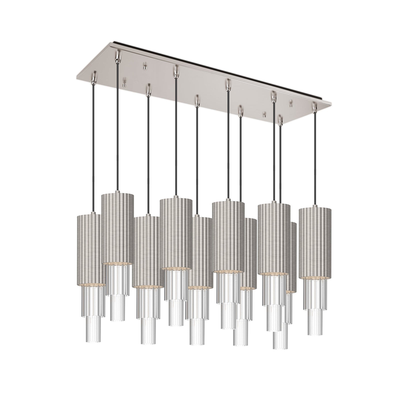 Bordeaux 4-in 10 Head Multi Pendant — Brushed Nickel/Clear Ribbed Glass