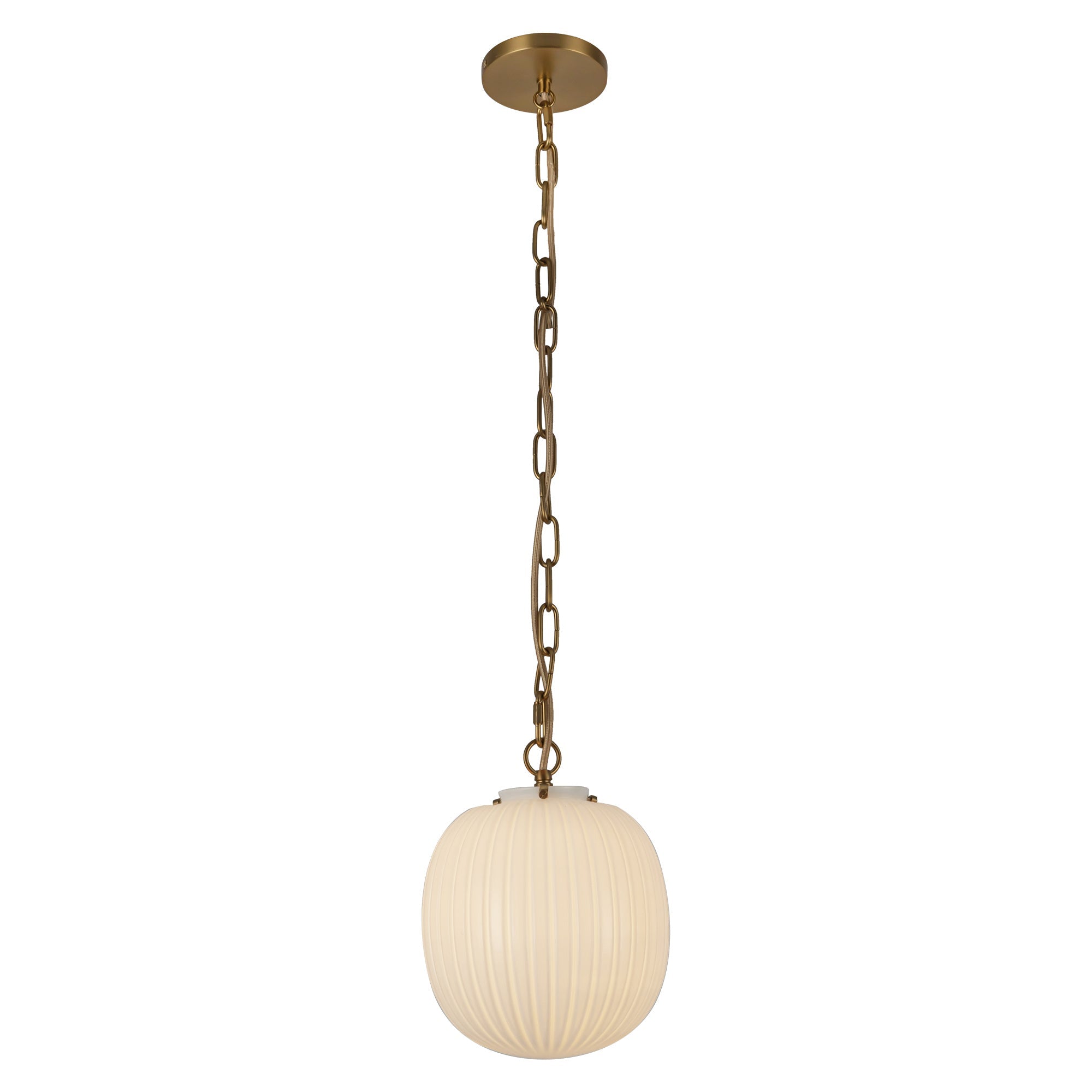 Cherise 12-in Pendant — Brushed Gold/Glossy Ribbed Opal Glass